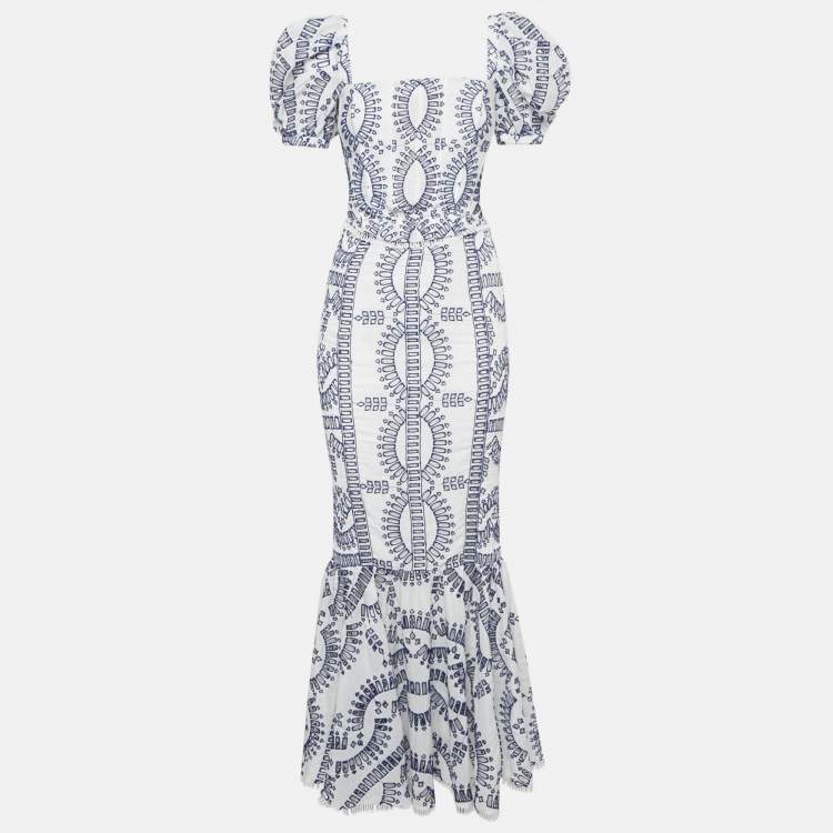 Pre Owned Charo Ruiz White/Blue Broderie Anglaise Shirring Top and Skirt Set S