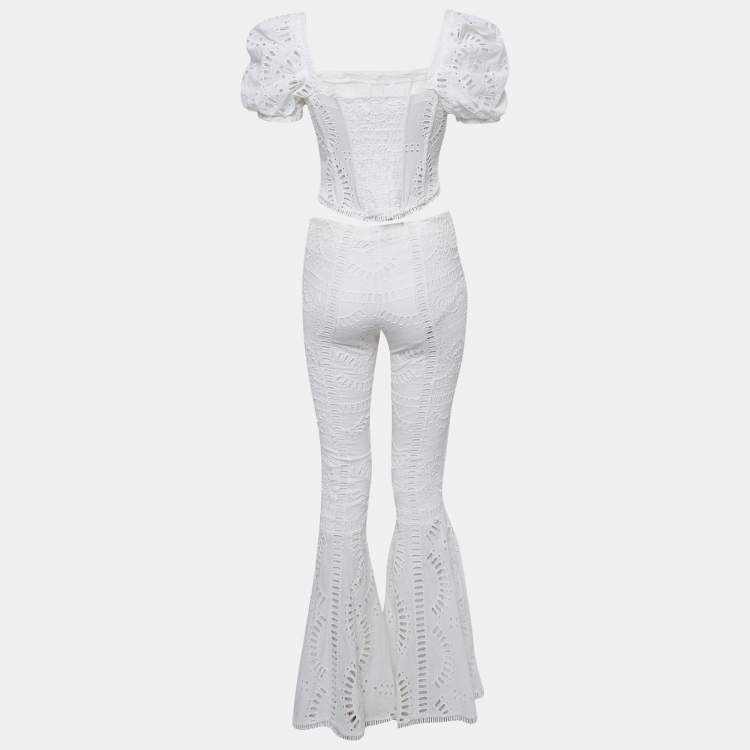 Pre Owned Charo Ruiz White Broderie Anglaise Cotton Top and Flared Pants Set S