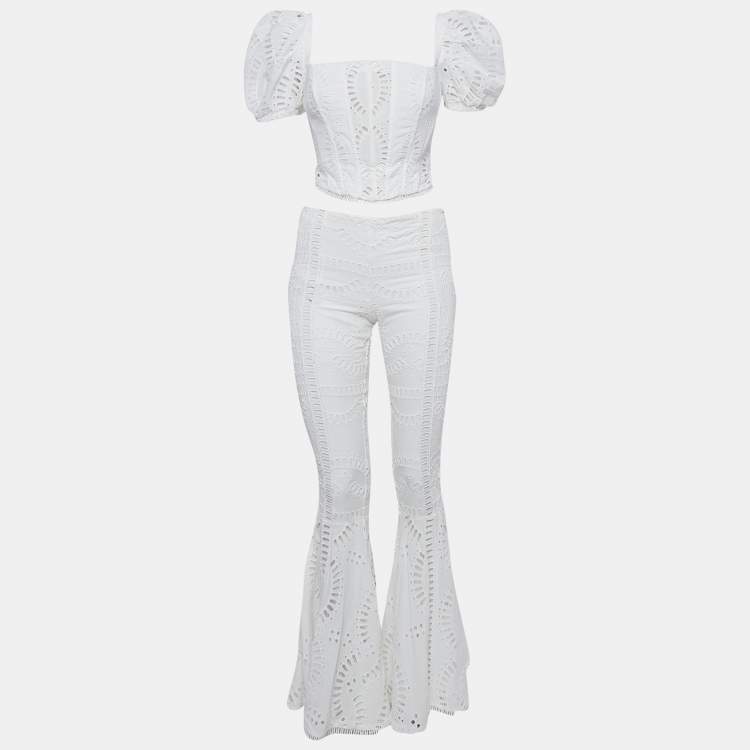 Pre Owned Charo Ruiz White Broderie Anglaise Cotton Top and Flared Pants Set S