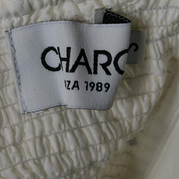 Pre Owned Charo Ruiz White Broderie Anglaise Cotton Top and Flared Pants Set S