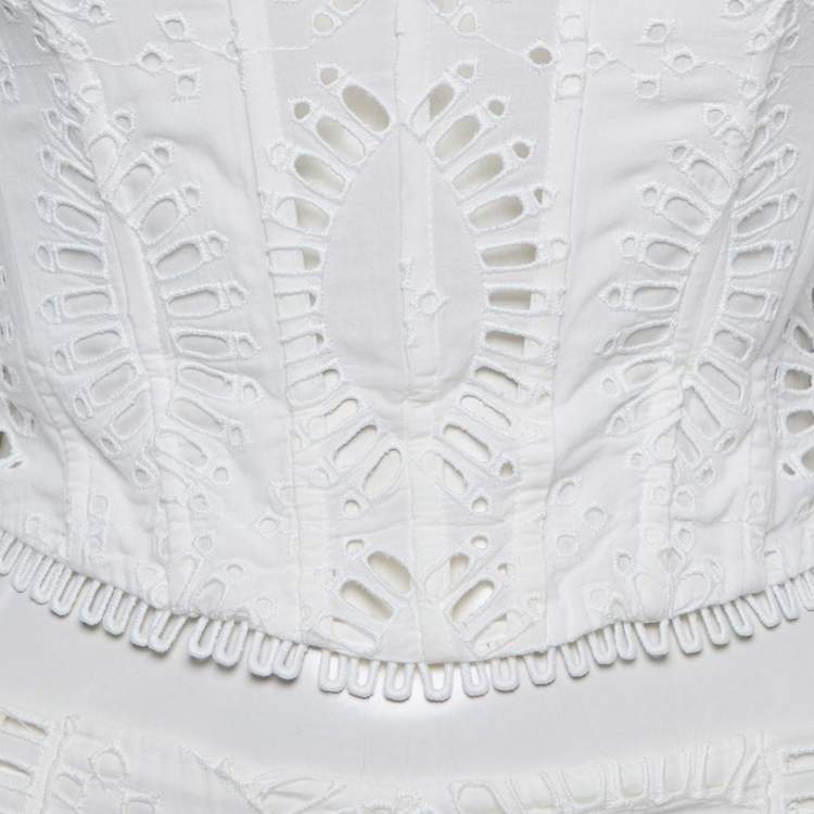 Pre Owned Charo Ruiz White Broderie Anglaise Cotton Top and Flared Pants Set S