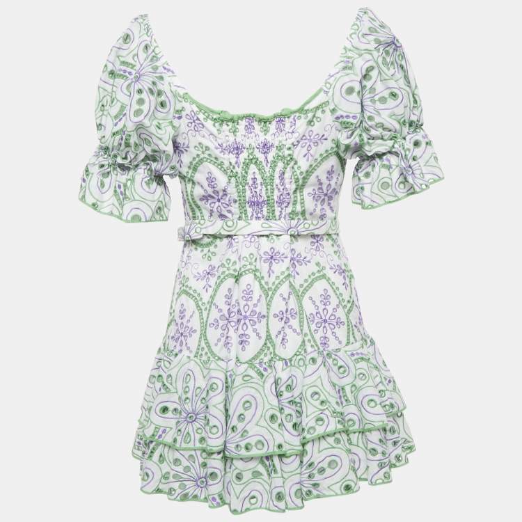 Pre Owned Charo Ruiz White/Green Broderie Anglaise Cotton Tiered Mini Dress L