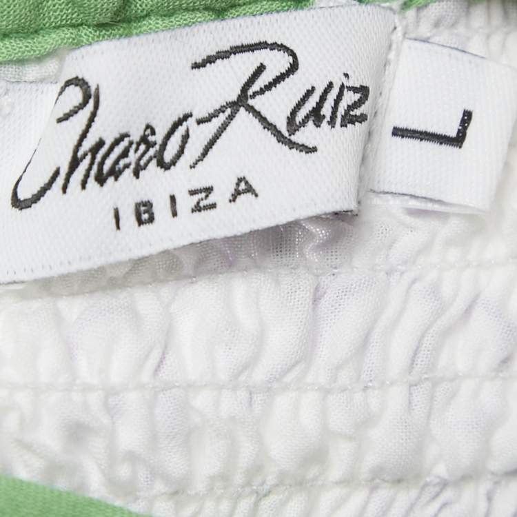 Pre Owned Charo Ruiz White/Green Broderie Anglaise Cotton Tiered Mini Dress L