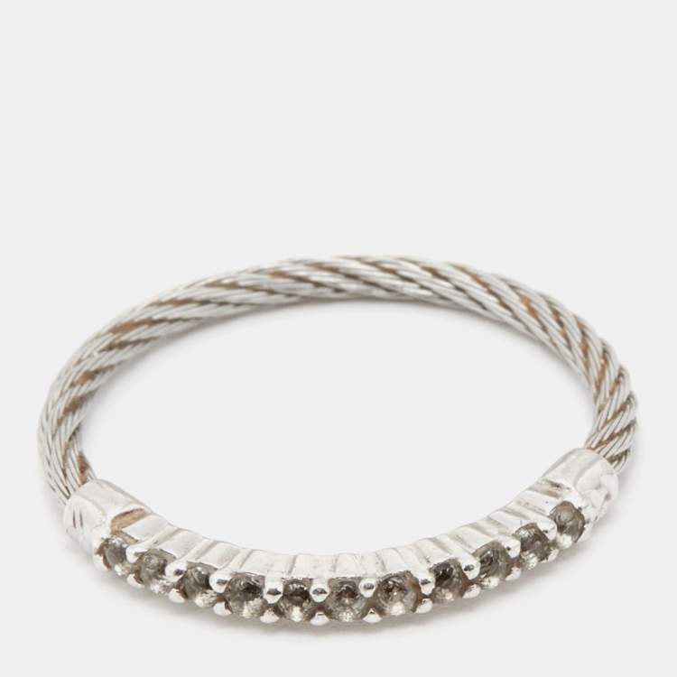 Pre Owned Charriol Silver Tone Crystal Narrow Cable Ring Size 54