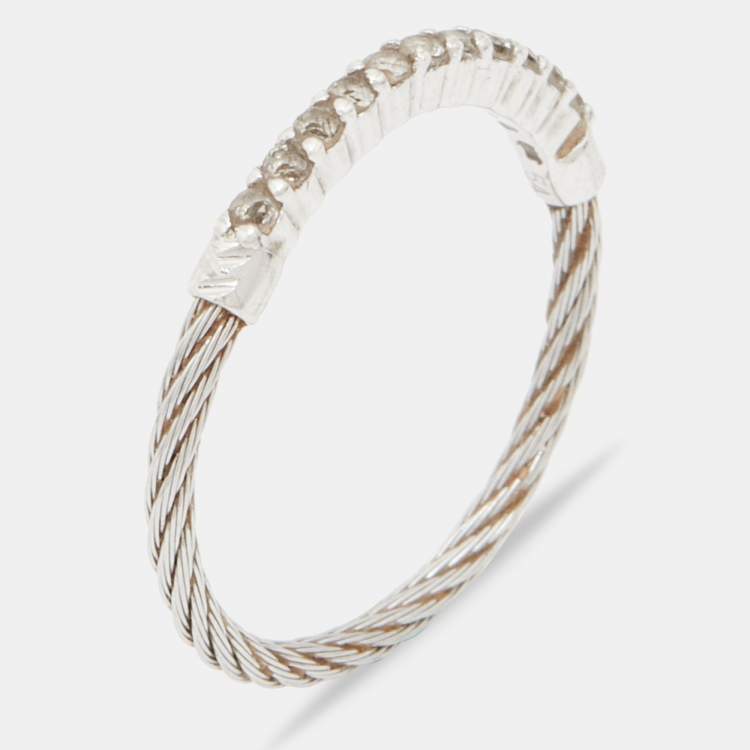 Pre Owned Charriol Silver Tone Crystal Narrow Cable Ring Size 54