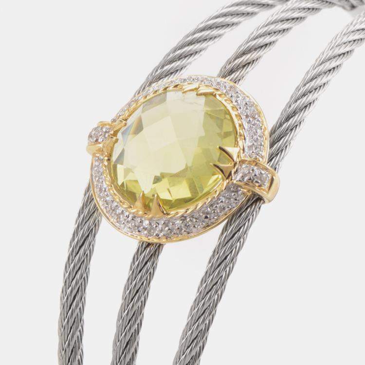 Pre Owned Charriol Celtic Classique Stainless Steel Yellow Gold Plated Diamonds and Lemon Citrine Cable Bangle Bracelet