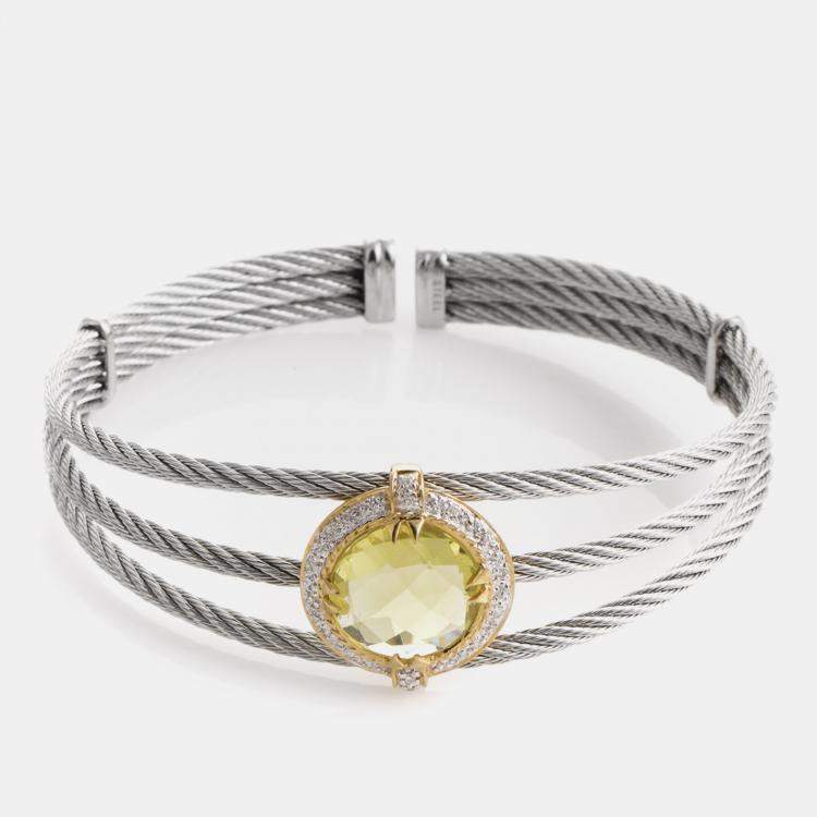 Pre Owned Charriol Celtic Classique Stainless Steel Yellow Gold Plated Diamonds and Lemon Citrine Cable Bangle Bracelet