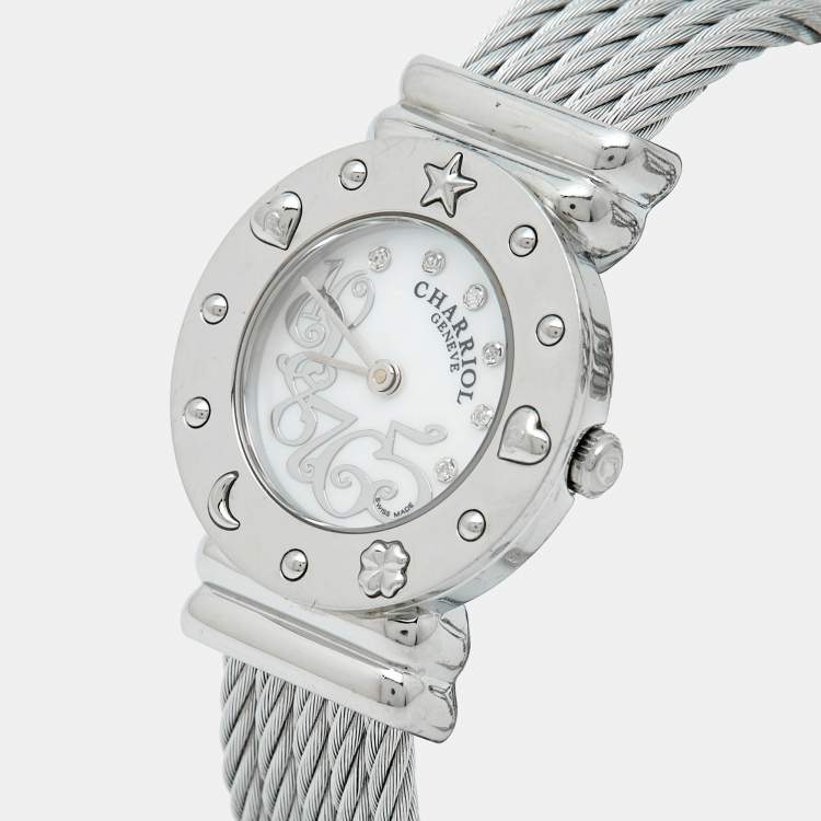Pre Owned Charriol Mother Of Pearl Diamond Stainless Steel St Tropez Classic Ref. 028/2 Women's Wristwatch 24.50 mm