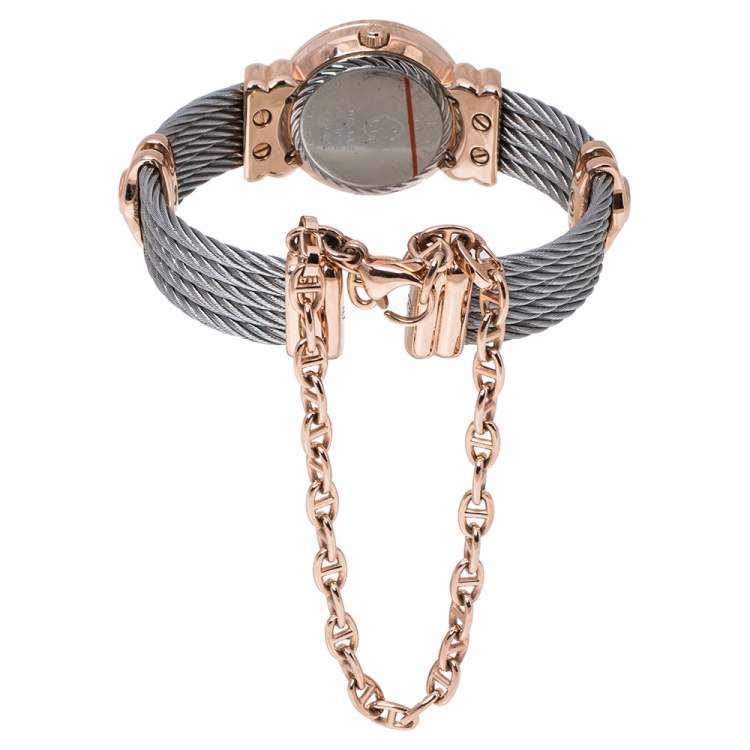 Pre Owned Charriol White Mother of Pearl Stainless Steel Diamonds Rose Gold Plated St-Tropez ST028.3 Women's Wristwatch 24.50 mm
