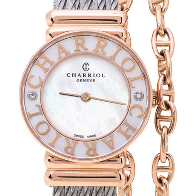 Pre Owned Charriol White Mother of Pearl Stainless Steel Diamonds Rose Gold Plated St-Tropez ST028.3 Women's Wristwatch 24.50 mm