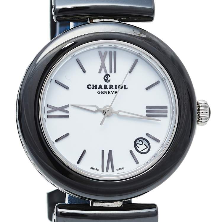 Pre Owned Charriol White Ceramic & Stainless Steel Rubber AEL AE33CB.173.004 Women's Wristwatch 33 mm