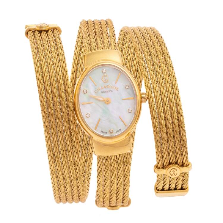 Pre Owned Charriol Mother of Pearl Diamond Gold Plated Stainless Steel Twist Women's Wristwatch 21 mm