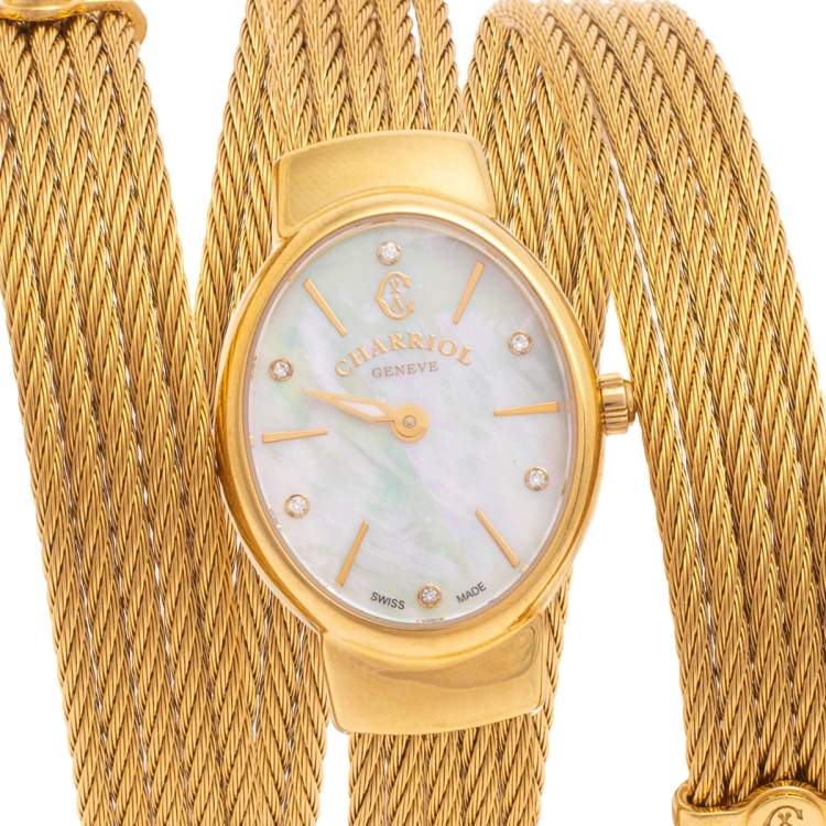 Pre Owned Charriol Mother of Pearl Diamond Gold Plated Stainless Steel Twist Women's Wristwatch 21 mm