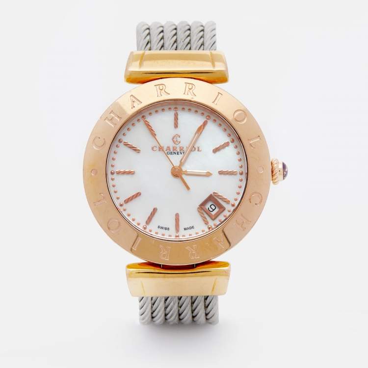 مملوكة مسبقًا Charriol Mother Of Pearl Rose Gold Plated Stainless Steel Alexandre C Women's Wristwatch 34 mm