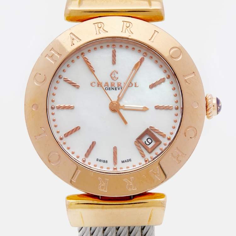 مملوكة مسبقًا Charriol Mother Of Pearl Rose Gold Plated Stainless Steel Alexandre C Women's Wristwatch 34 mm
