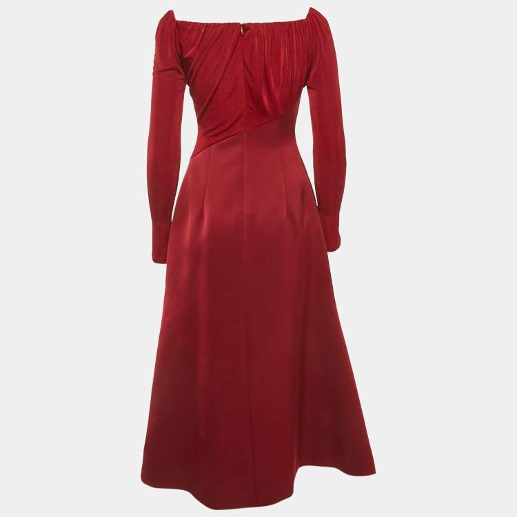 Pre Owned Chats By C.Dam Red Jersey and Crepe Off-Shoulder Gown S