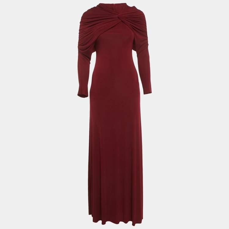 Pre Owned Chats By C.Dam Dark Red Lycra Raw Edge Detail Ruched Maxi Dress S
