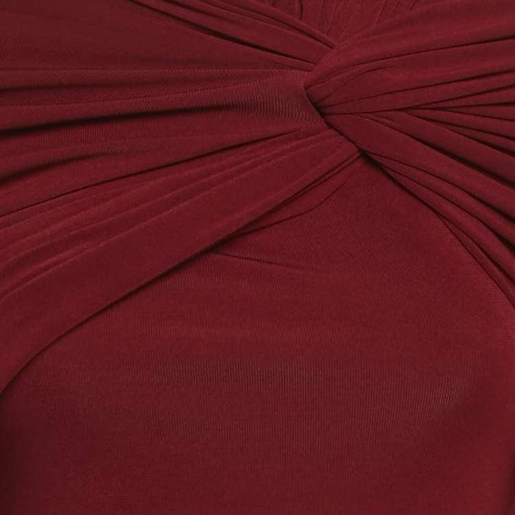 Pre Owned Chats By C.Dam Dark Red Lycra Raw Edge Detail Ruched Maxi Dress S