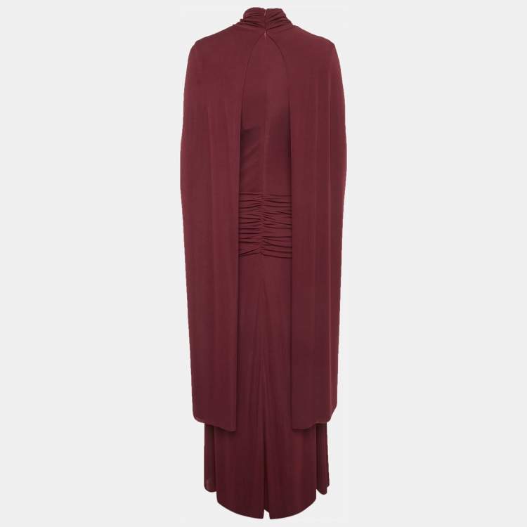 Pre Owned Chats By C.Dam Maroon Jersey Knit Cape Detail Valeris Maxi Dress S