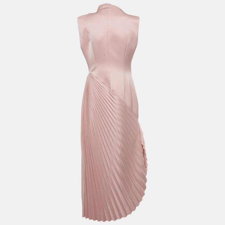 Pre Owned Chats By C.Dam Pink Plisse Asymmetrical Pleated Midi Dress M