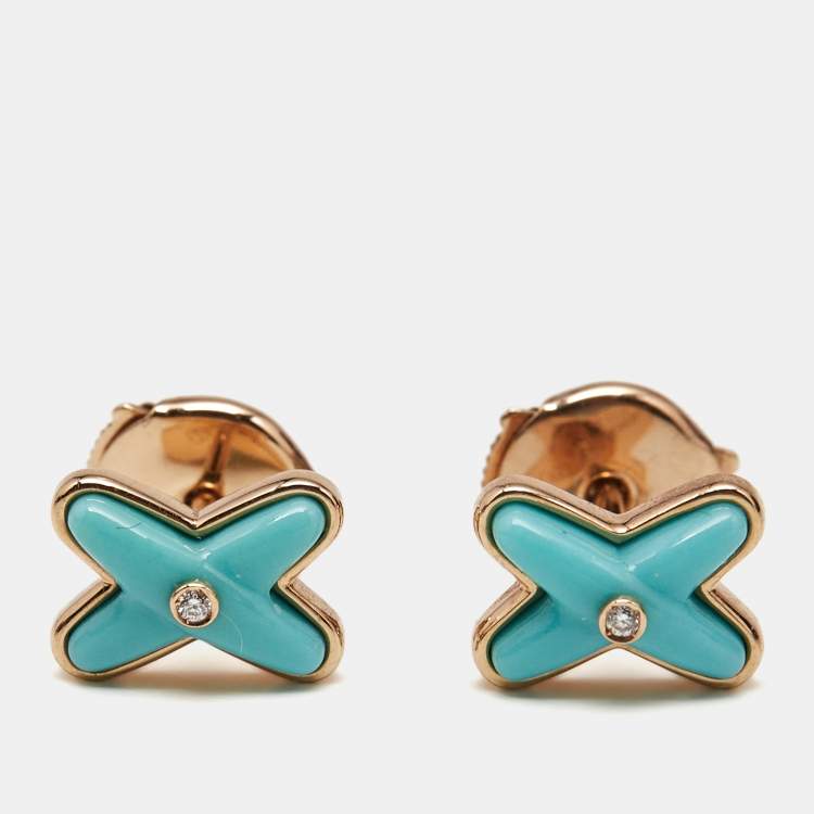 Pre Owned Chaumet Jeux de Liens Turquoise Diamond 18k Rose Gold Earrings