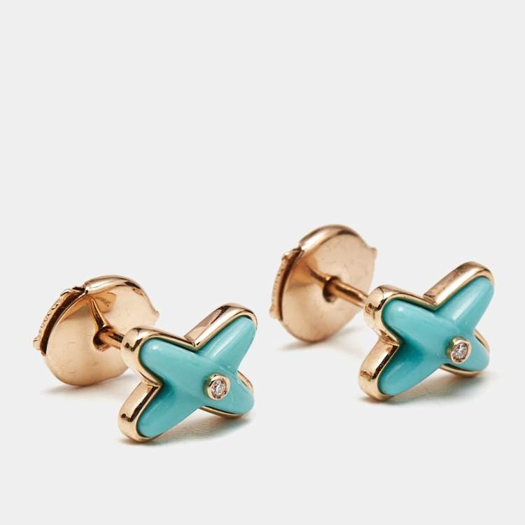Pre Owned Chaumet Jeux de Liens Turquoise Diamond 18k Rose Gold Earrings