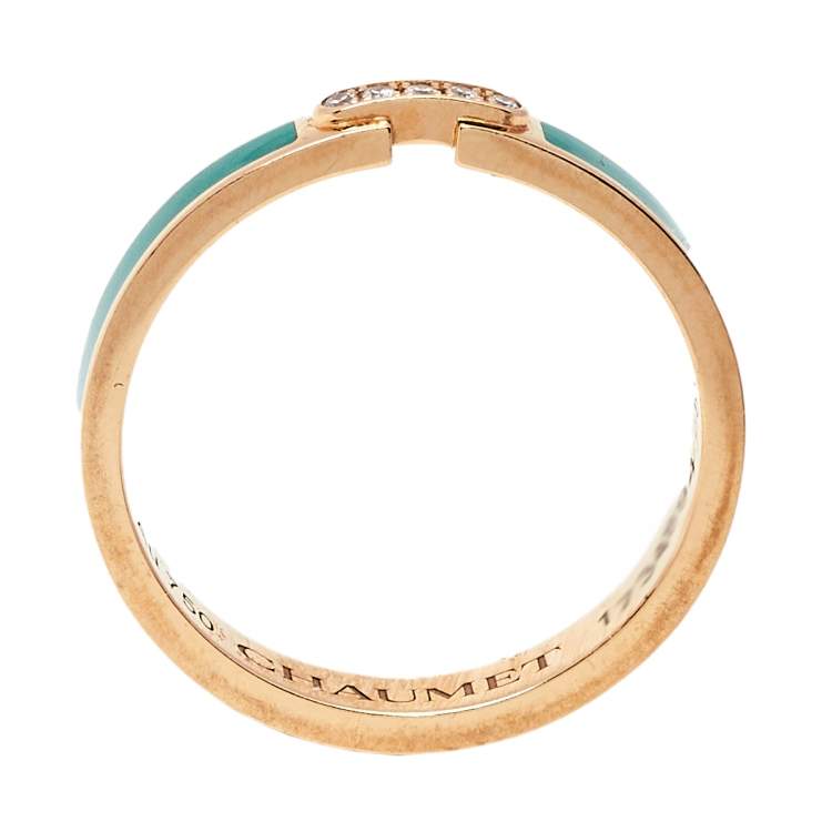 Pre Owned Chaumet Liens Évidence 18K Rose Gold & Diamond Green Inlay Wedding Band Ring Size EU 50