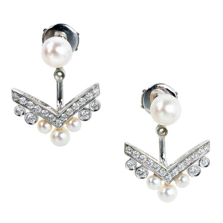 Pre Owned Chaumet Josephine Aigrette Diamond & Cultured Pearls 18k White Gold Earrings