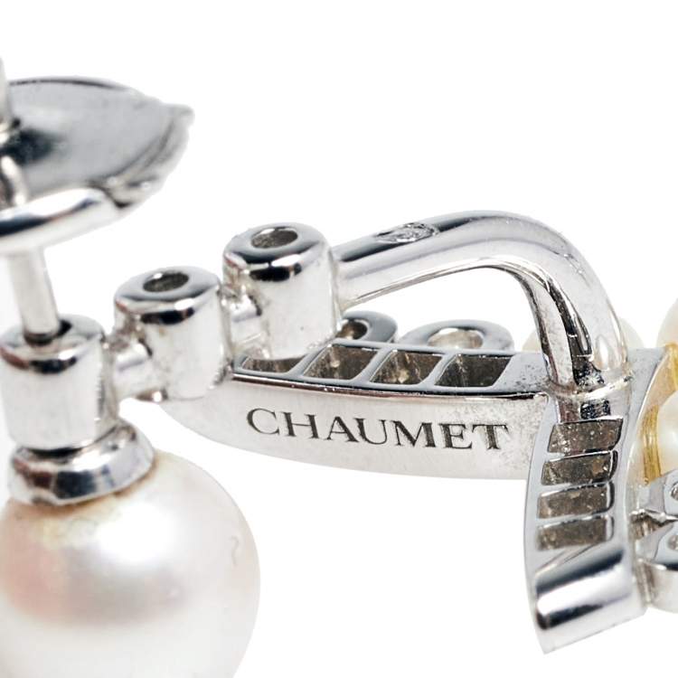 Pre Owned Chaumet Josephine Aigrette Diamond & Cultured Pearls 18k White Gold Earrings