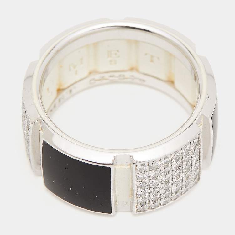 Pre Owned Chaumet Class One Onyx Diamond 18k White Gold Rubber Backing Band Ring Size 54
