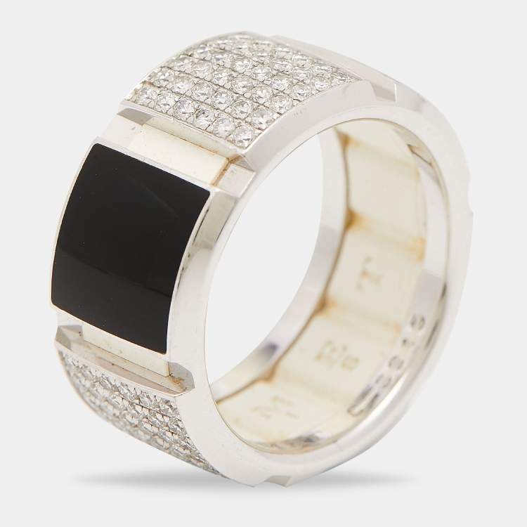 Pre Owned Chaumet Class One Onyx Diamond 18k White Gold Rubber Backing Band Ring Size 54