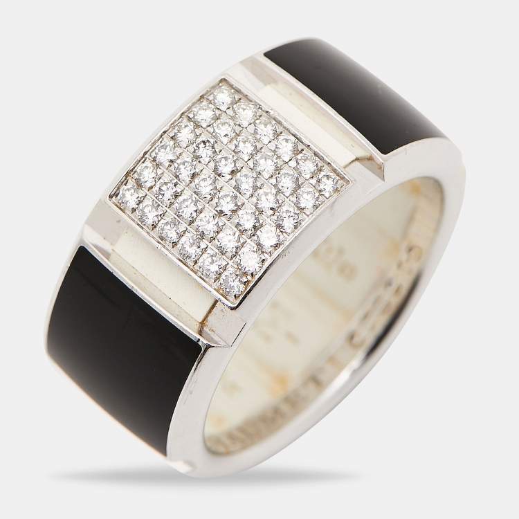 Pre Owned Chaumet Class One Onyx Diamond 18k White Gold Rubber Backing Band Ring Size 54