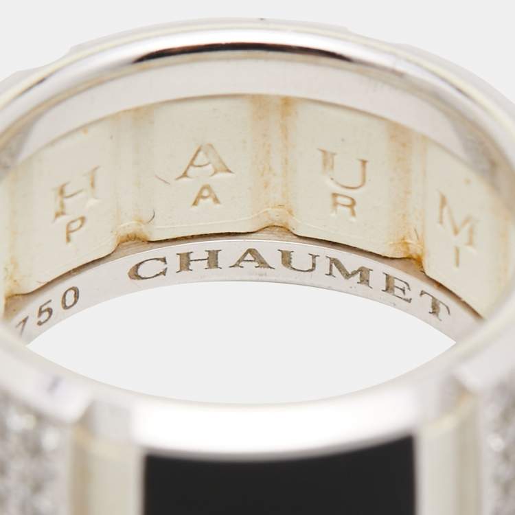 Pre Owned Chaumet Class One Onyx Diamond 18k White Gold Rubber Backing Band Ring Size 54