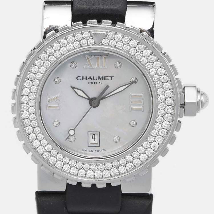 Pre Owned Chaumet Mother Of Pearl Diamond Stainless Steel Rubber Class One 622 Women's Wristwatch 30 mm