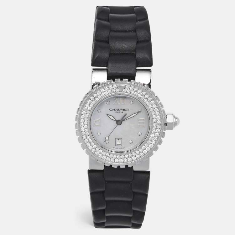 Pre Owned Chaumet Mother Of Pearl Diamond Stainless Steel Rubber Class One 622 Women's Wristwatch 30 mm