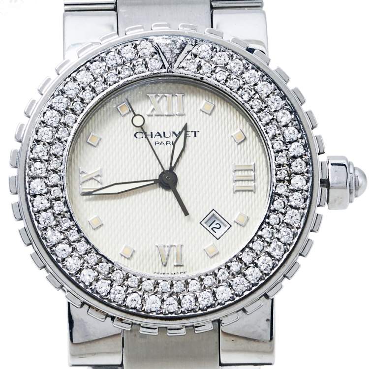 Pre Owned Chaumet Beige Stainless Steel Diamonds Class One 628 Women's Wristwatch 36MM