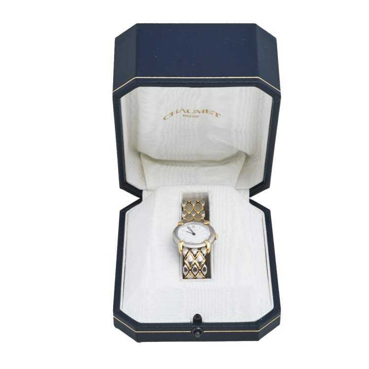 Pre Owned Chaumet White 18K Yellow Gold Stainless Steel Women's Wristwatch 25 mm