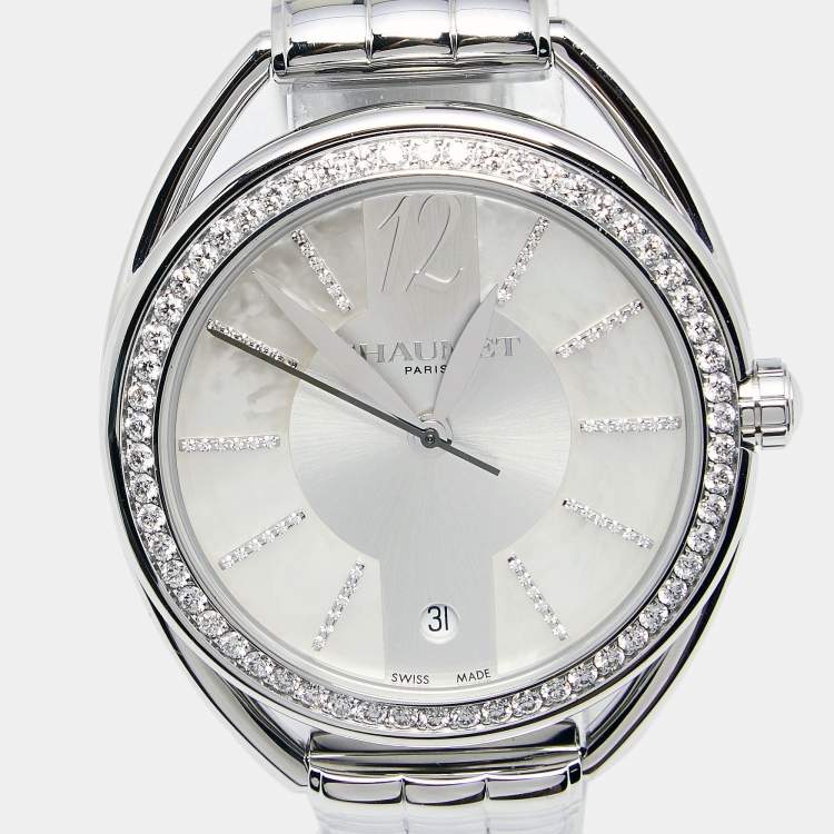 Pre Owned Chaumet Silver Mother Of Pearl Stainless Steel Diamond Montre Liens Lumiere 2214 Women's Wristwatch 34 mm