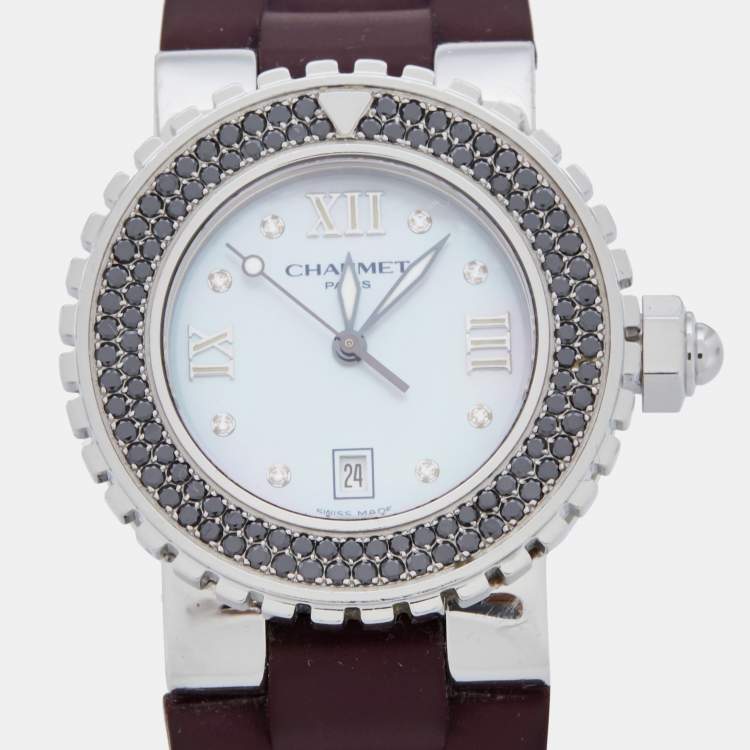 Pre Owned Chaumet Mother of Pearl Diamond Stainless Steel Rubber Class One 622 Women's Wristwatch 33 mm