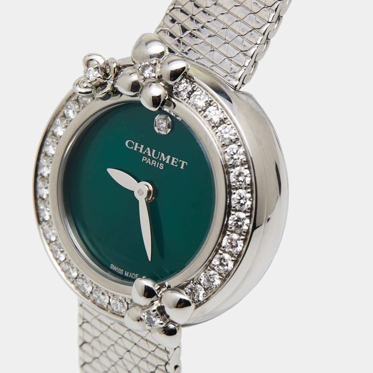 Pre Owned Chaumet Green Stainless Steel Diamond Hortensia Eden W83880-001 Women's Wristwatch 22 mm  