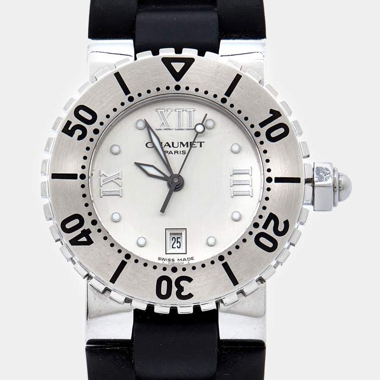 Pre Owned Chaumet Silver Stainless Steel Rubber Class One 622 Women's Wristwatch 33 mm