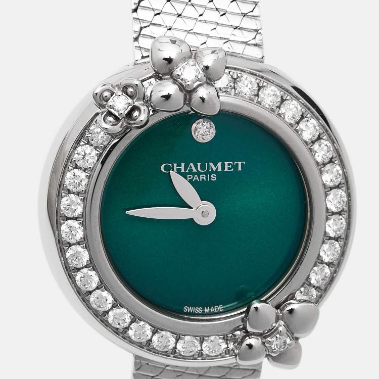 Pre Owned Chaumet Green Stainless Steel Diamond Hortensia Eden W83880-001 Women's Wristwatch 22 mm  