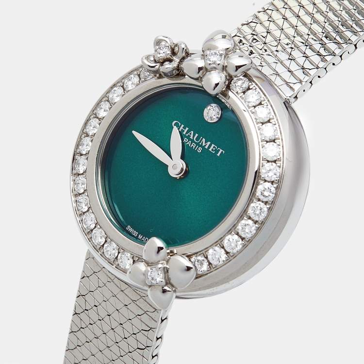Pre Owned Chaumet Green Stainless Steel Diamond Hortensia Eden W83880-001 Women's Wristwatch 22 mm  