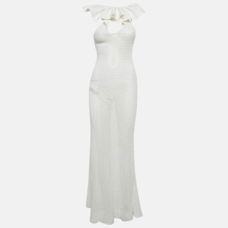 Pre Owned Chio White Stretch Crochet Ruffled Sheer Maxi Dress S