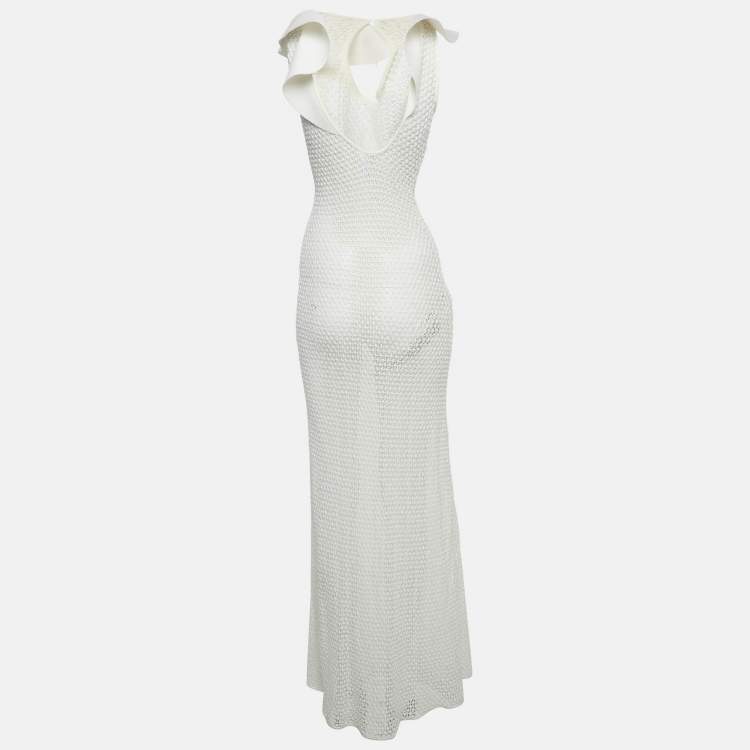 Pre Owned Chio White Stretch Crochet Ruffled Sheer Maxi Dress S
