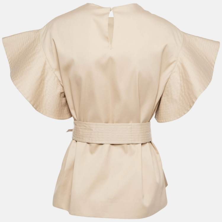 Pre Owned Chloe Sun Tan Brown Cotton Ruffled Belt Detail Sleeve Top S