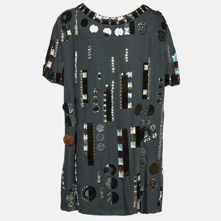 Pre Owned Chloe Ardoise Grey Wool Embellished Shift Dress M