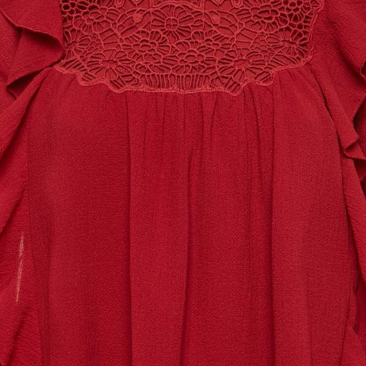 Pre Owned Chloe Red Crepe Ruffled Lace Overlay Top 10Yrs