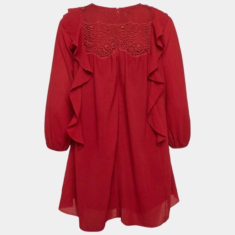 Pre Owned Chloe Red Crepe Ruffled Lace Overlay Top 10Yrs