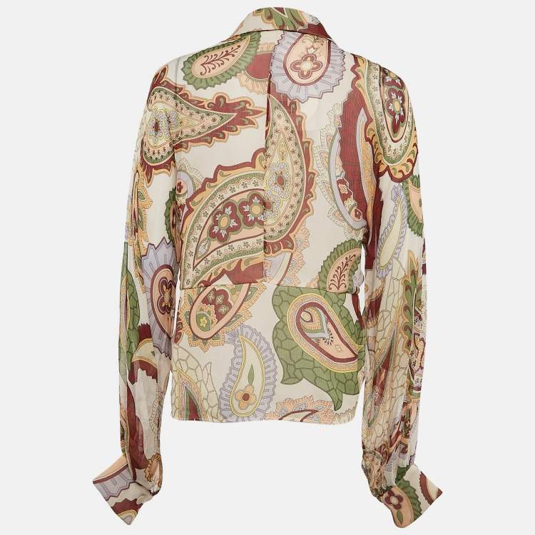 Pre Owned Chloe Beige Paisley Print Chiffon Silk Shirt L